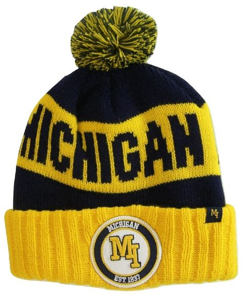 Michigan M Patch Ribbed Cuff Knit Winter Hat Pom Beanie Goldnavy