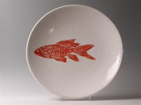 Handmade of stainless steel with a beveled mirror. Jessica Howard ceramics, Red and white FISH, large round ...