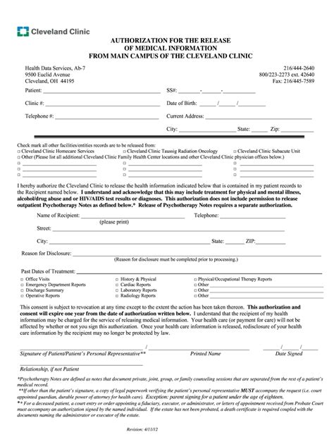 Cleveland Clinic Authorization Release Form Fill Out And Sign Online