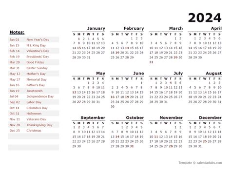2024 Yearly Calendar Template With Us Holidays Free Printable Templates