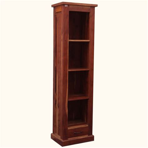 Palma 4 Open Shelf Rustic Solid Wood Tall Narrow Bookcase With Drawers