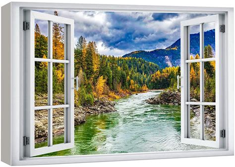 Wall26 Canvas Print Wall Art Window View Autumn Forest River Stream