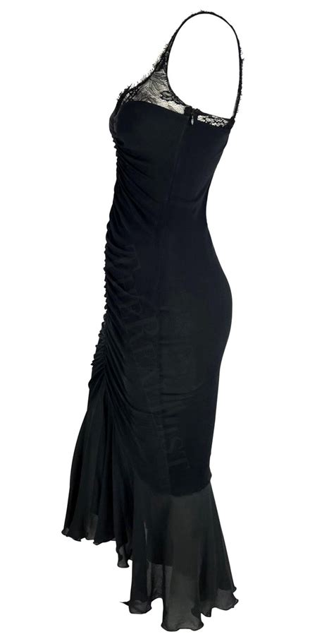 2000s Emanuel Ungaro Ruched Black Slinky Bodycon Dress Lace Strap En