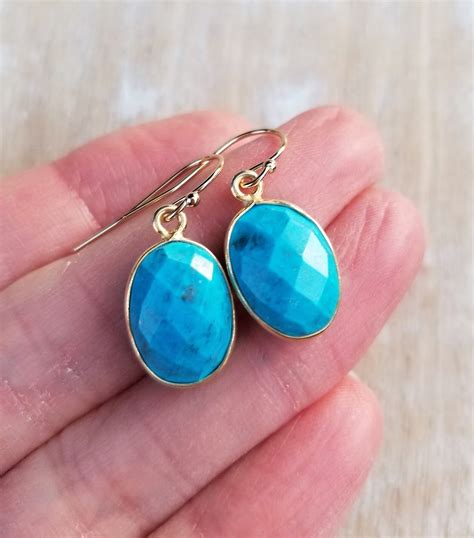 Blue Turquoise Earrings Oval Gemstone Earrings Small Etsy