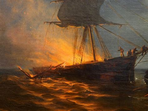 Burning Ship At Sea Oil Painting By George Lourens Kiers Dated 1868