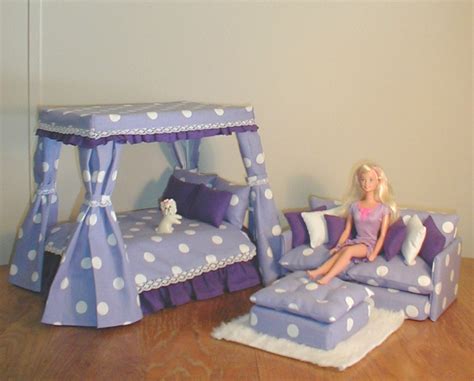 Barbie Furniture Canopy Bed Set Loveseat Purple Wwhite Polka Dots