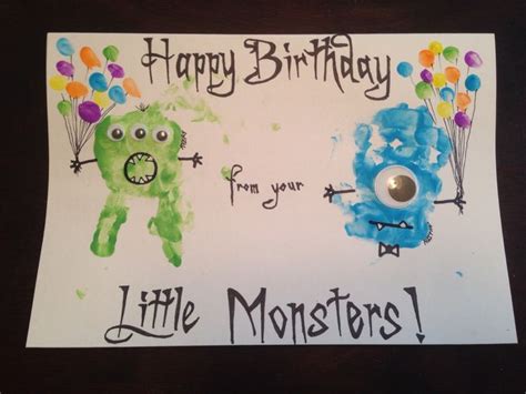 Jan 26, 2015 · mind you, most of these ideas have endless possibilities, so really it is an endless list of homemade birthday card ideas. Monster handprint birthday card with fingerprint balloons ...