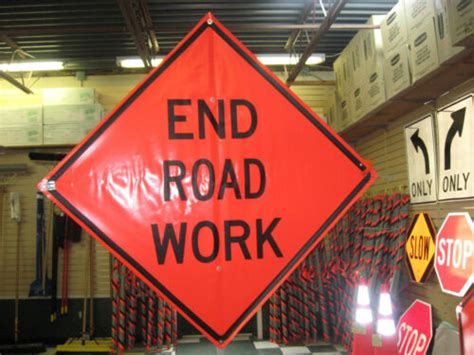 End Road Work Sign Fluorescent Vinyl With Ribs 48x48 Roll Up Road