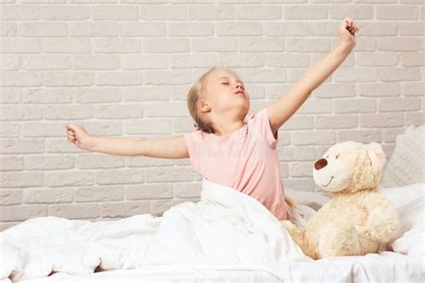 Cute Little Child Girl Wakes Up From Sleep Stock Image Image Of