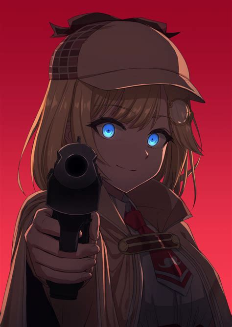 Safebooru 1girl Aiming At Viewer Blonde Hair Blue Eyes Capelet Commentary Deerstalker Eyebrows