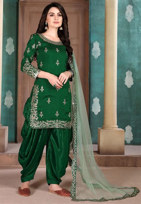 Embroidered Art Silk Punjabi Suit In Dark Green Patiala Salwar Designer Salwar Suits Patiala
