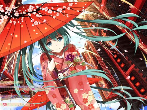 Vocaloid Hatsune Miku Umbrella Traditional Clothing Kimono Flowers