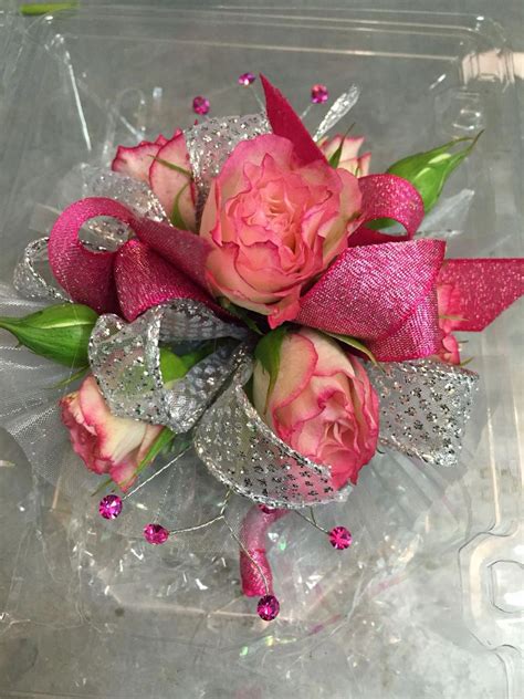 Wristlet Corsage With Whit And Pink Spray Roses Hot Pink And Silver