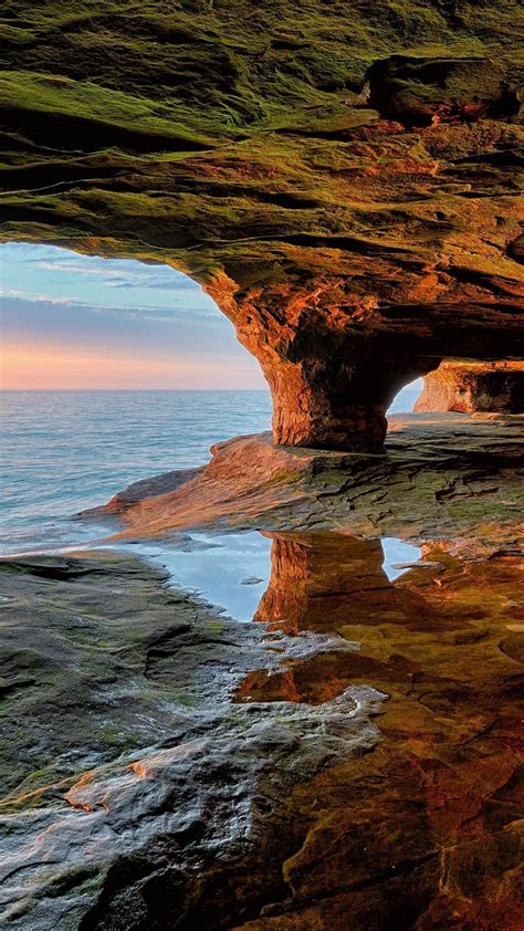 Sea Cave Sunset On Lake Superior Near Munising Pictured Rocks National