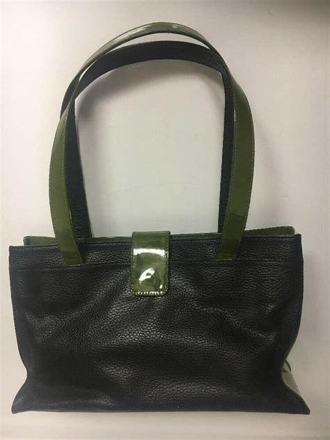 Tote Le Monde Leather Purse Pebbled Black With Green Patent Leather