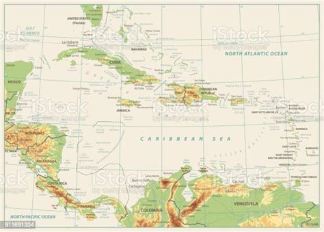 The Caribbean Physical Map Isolated On Retro White Color Stock