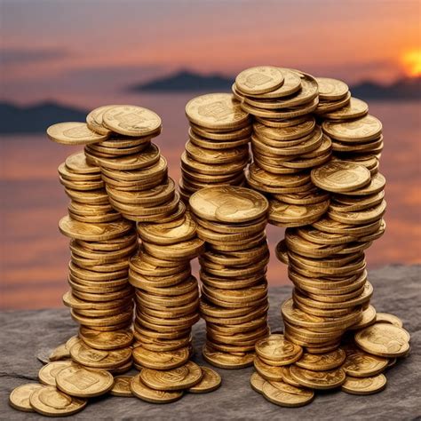 Coins Against The Backdrop Of The Sunset Antique Gold Coins Generated