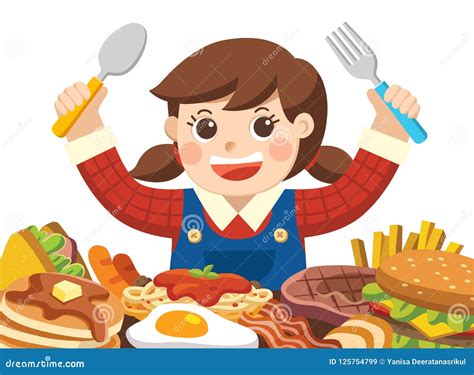 A Girl With Spoon And Fork Going To Eat Foods Stock Vector