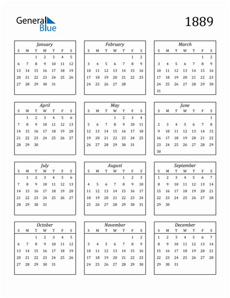 Free 1889 Calendars In Pdf Word Excel