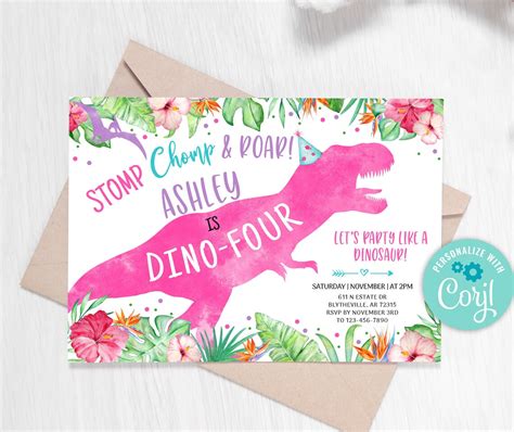 Editable Dino Four Dinosaur Birthday Invitation Girl Dino Etsy