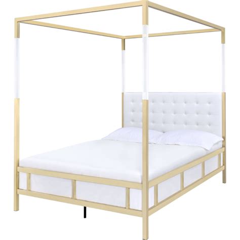 Queen size canopy bed beds : Raegan White Leather Queen Canopy Bed