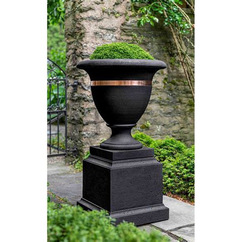 Kinsey Garden Decor Classic Copper Banded Urn Large On Rustic Pedestal
