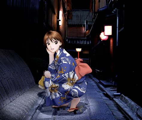 Yui Toshiki Original Highres 1girl 3d Bag Blue Kimono Brown Eyes Brown Hair Feet Geta