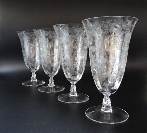 Set Of 4 Gorgeous Vintage Cambridge Roselyn Crystal Etched Iced Crystal Goblets Goblets