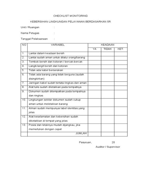 Checklist Monitoring Kebersihan 5r Pdf