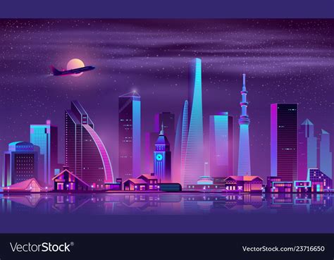 Modern City At Night Cartoon Background Royalty Free Vector