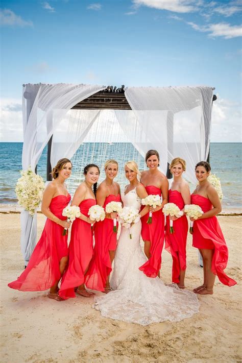 Bride And Bridesmaids In Coral Destination Beach Wedding Aldabella Photography Beach Wedding