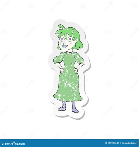 Retro Distressed Sticker Of A Cartoon Alien Woman Stock Vector