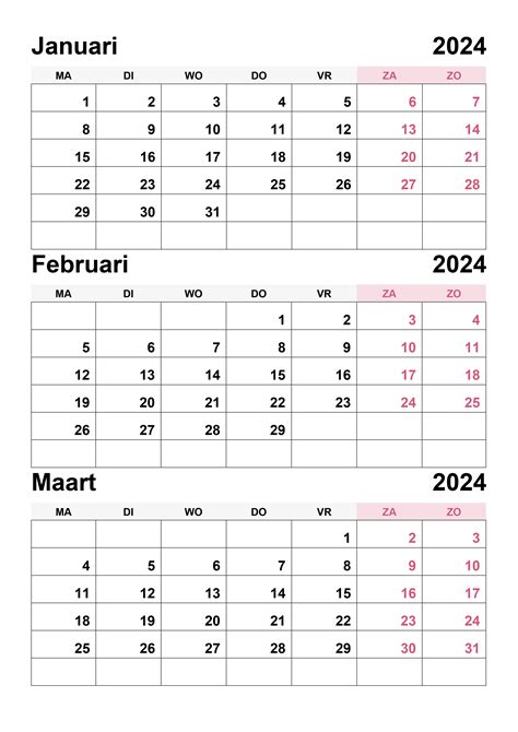 Kalender Januari Februari Maart 2024