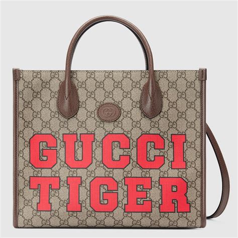 Gucci Tiger Gg Small Tote Bag In Beige And Ebony Supreme Gucci Tr