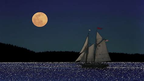 Hd Wallpaper Moon Night Boat Sail Boat Ocean Hd Nature Wallpaper Flare