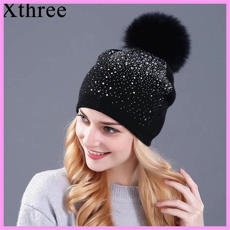 [xthree] Women Winter Beanie Hat Rabbit Fur Wool Knitted Hat The Female Of The Mink Pom Pom