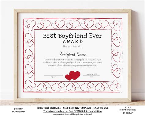 Best Boyfriend Ever Award Certificate Template Printable Editable