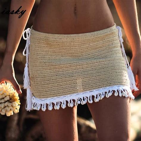 IASKY 2019 Crochet Beach Cover Ups Skirts Sexy Women Hollow Out Bikini