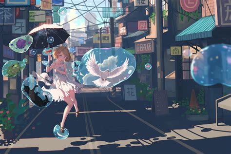 Free Download Hd Wallpaper Anime Anime Girls Umbrella Pigeons