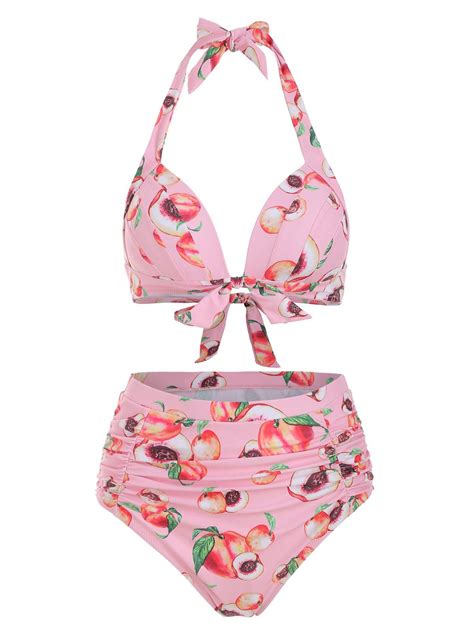 [36 Off] 2021 Peach Print Halter Tummy Control Bikini Swimsuit In Deep Peach Dresslily