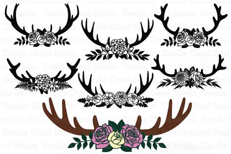 Floral Deer Antlers Svg Deer Antlers Flowers Svg Cut Files By Doodle