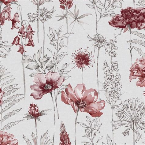 Fresco Floral Sketch Red Unpasted Removable Peelable Paper Wallpaper