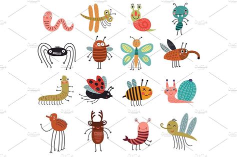 16 Funny And Cute Bugs Vector Set Funny Illustration