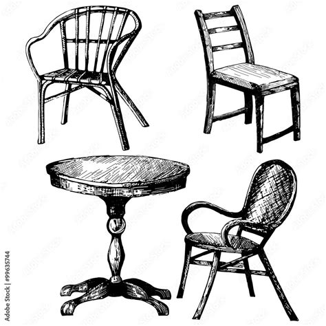 Set Of Furniture Hand Drawn Illustration Of Table Chair Armchair