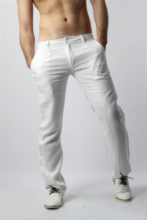 Men's beach wedding inspired shirts, cool. Mens white linen trousers pants, perfect for summer ...