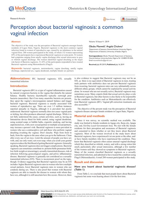 Pdf Perception About Bacterial Vaginosis A Common Vaginal Infection