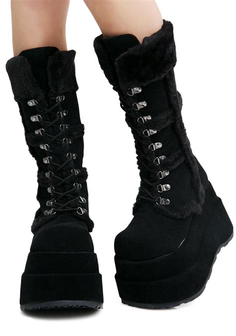 Demonia Fuzzy Platform Lace Up Boots Black Zapatos Altos De Moda