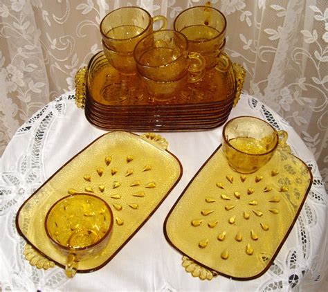 Vintage Amber Tear Drop Glass Hostess Snack Set For Eight