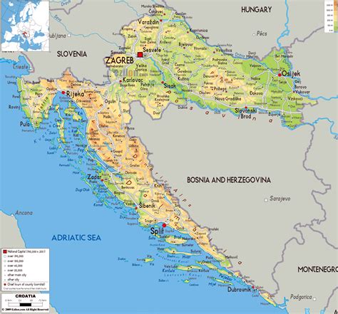 Large Physical Map Of Croatia With Roads Cities And Airports Vidiani