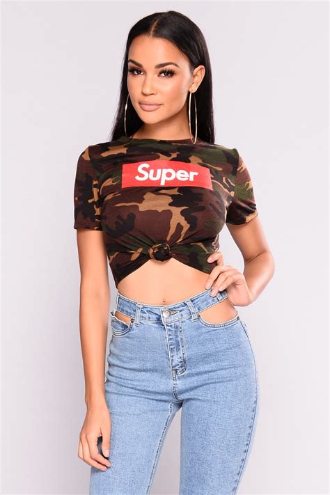 Available in a range of colours and styles for men, women, and everyone. Super Sassy Camo Graphic Top - Olive
